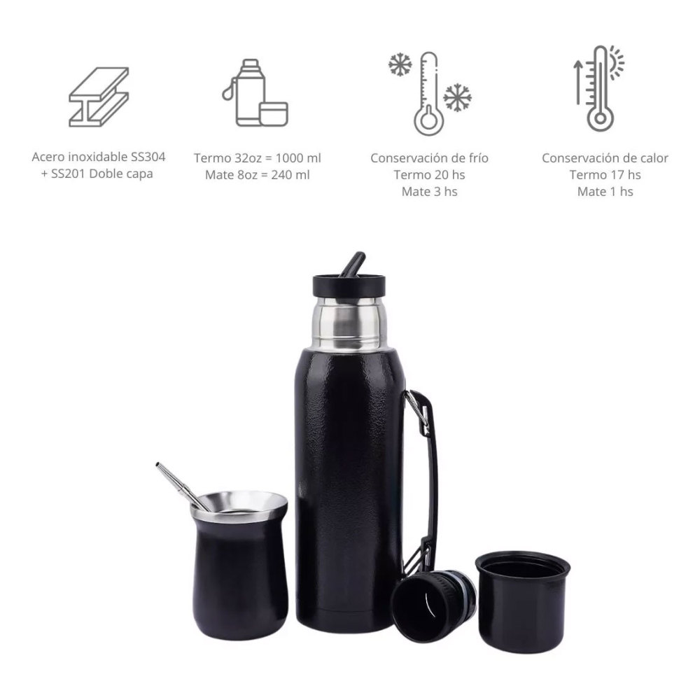 Credrink Complete Yerba Mate Set - термос 1 л с ручкой и чашка из тыквы Mate на 8 унций с бомбильей и щеточкой для чистки в комплекте - все из высококачественной нержавеющей стали 304 18/8