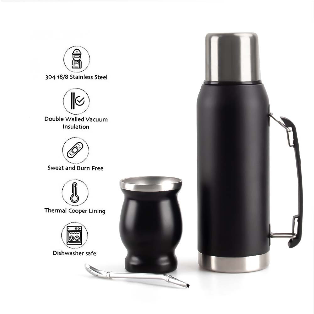 Credrink Complete Yerba Mate Set - 1L thermos with handle & 8oz Modern Mate Gourd cup with Bombilla and Cleaning Brush Included - All Premium Quality 304 18/8 Stainless Steel