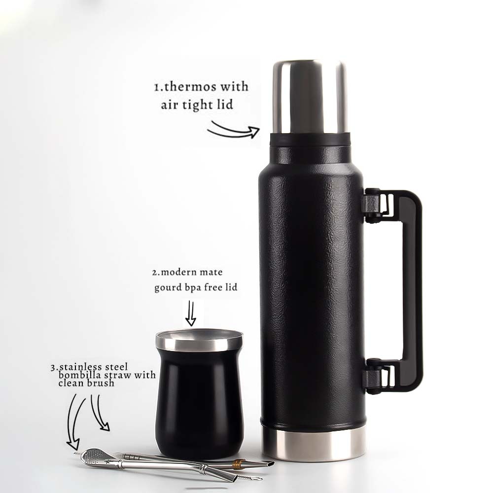 Ensemble complet de maté Credrink - Grand thermos de 1300 8 ml et tasse à maté moderne de 304 ml, Bombilla et brosse de nettoyage incluses - Tout en acier inoxydable 18 8/XNUMX de qualité supérieure