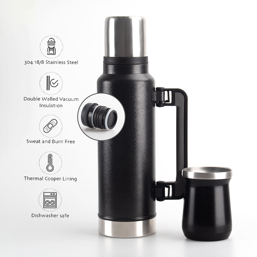 Ensemble complet de maté Credrink - Grand thermos de 1300 8 ml et tasse à maté moderne de 304 ml, Bombilla et brosse de nettoyage incluses - Tout en acier inoxydable 18 8/XNUMX de qualité supérieure