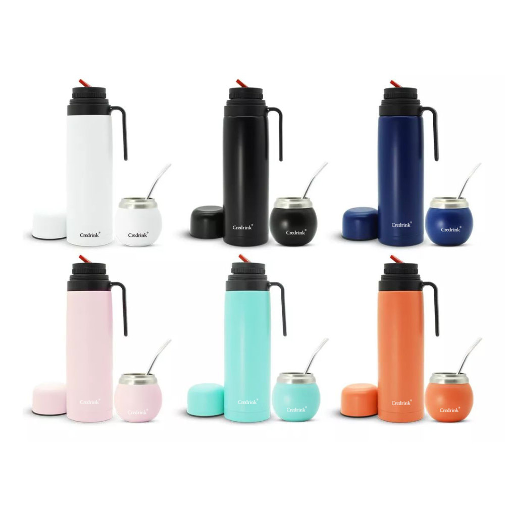 Credrink Complete Yerba Mate Set - 1L big new thermos&7oz Modern Mate Gourd cup Bombilla and Cleaning Brush Included - All Premium Quality 304 18/8 Stainless Steel