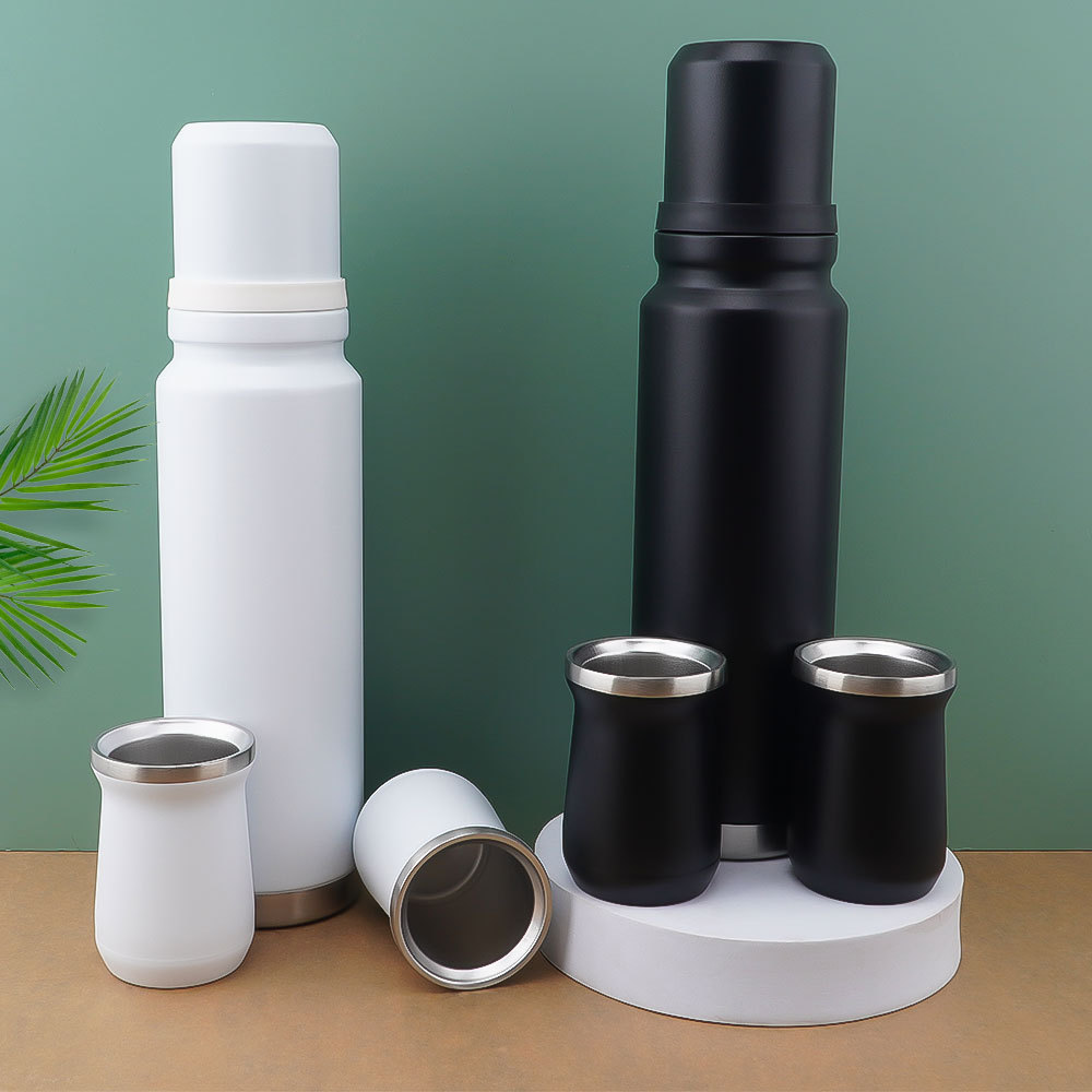 Credrink Complete Yerba Mate Set - 1L thermos two 8oz Modern Mate Gourd cup with gift box - All Premium Quality 304 18/8 Stainless Steel