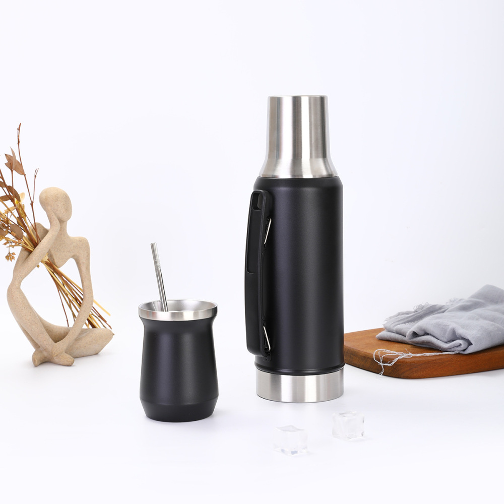 Credrink Complete Yerba Mate 세트 - 손잡이가 달린 1L 보온병 및 8oz Modern Mate 호박 컵, Bombilla 및 세척 브러시 포함 - 모든 프리미엄 품질 304 18/8 스테인리스 스틸