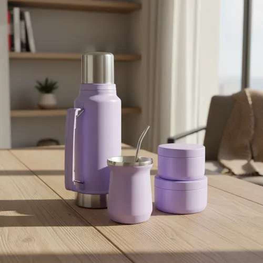 Ensemble de vente en gros Credrink Factory Direct : tasse et boîte à thé Termo Mate Yerbera/azucerera Acero Inox -Lila