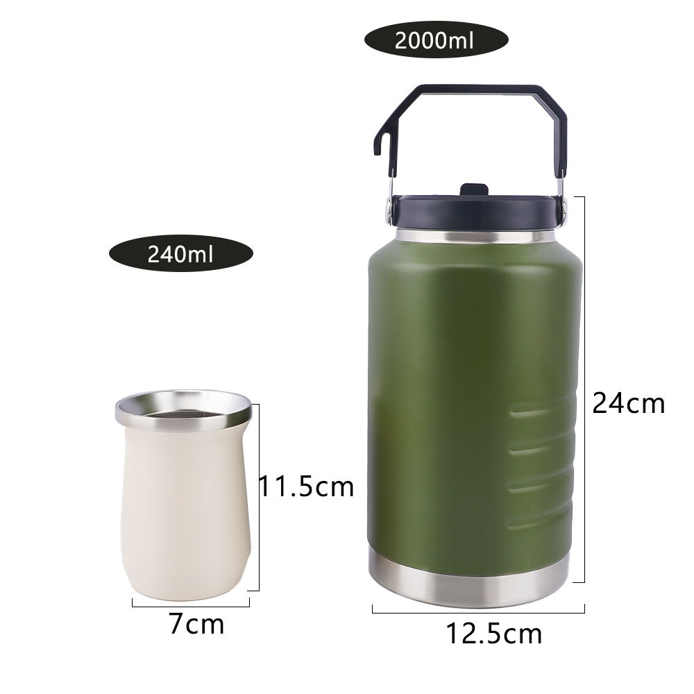 Ensemble complet de maté Yerba de Credrink - Thermos de grande capacité de 2 L avec poignée et tasse à maté moderne de 8 oz - Entièrement en acier inoxydable 304 18/8 de qualité supérieure