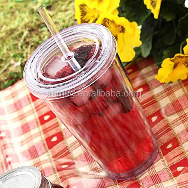 16OZ Double Wall Plastic Cups - BPA Free Clear Plastic Tumblers with Lid and Straw