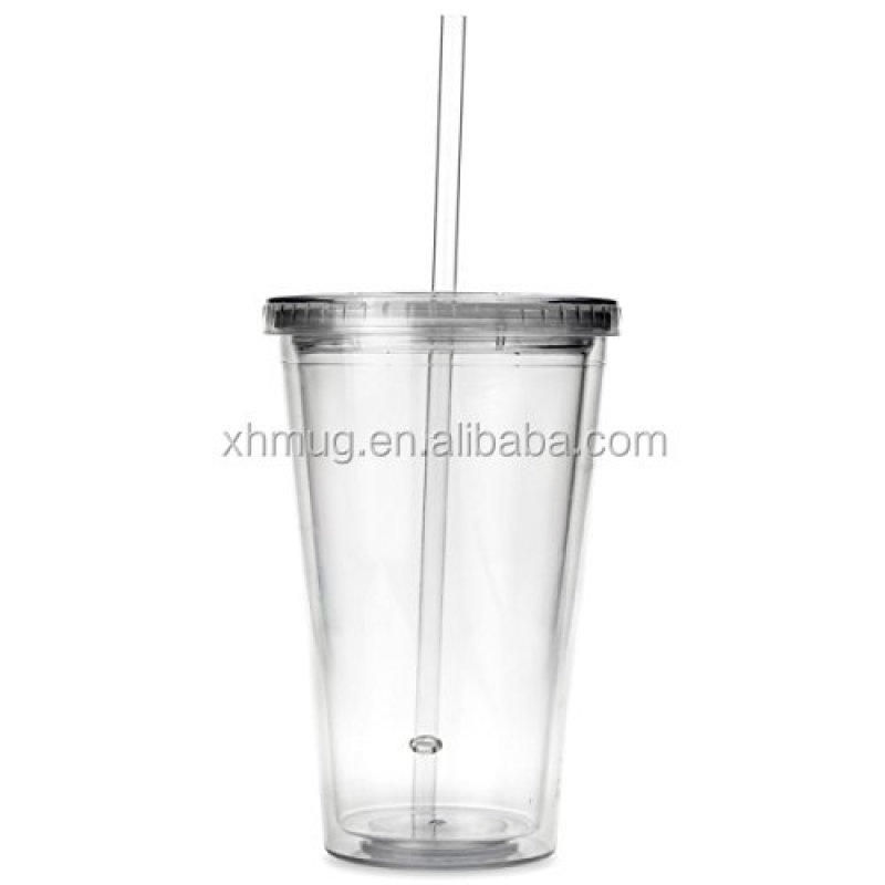 16OZ Double Wall Plastic Cups - BPA Free Clear Plastic Tumblers with Lid and Straw