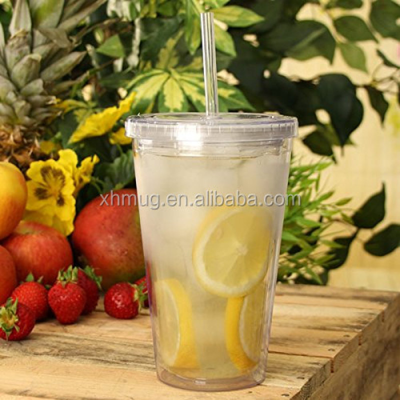16OZ Double Wall Plastic Cups - BPA Free Clear Plastic Tumblers with Lid and Straw