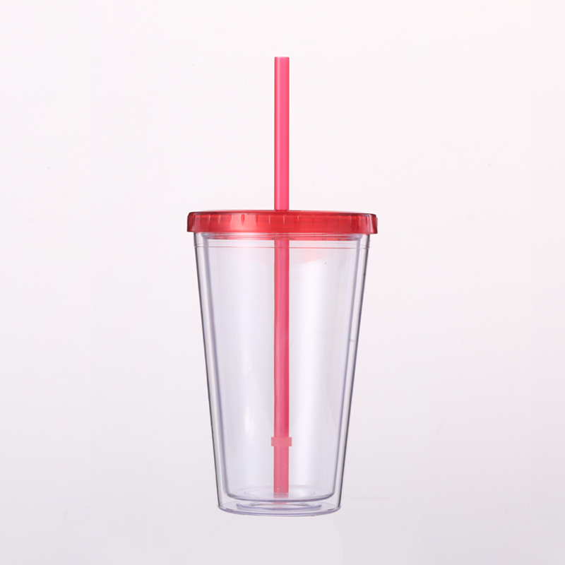 16oz Double Wall Plastic Customizable  Camping Travel Coffee Mug with Straw