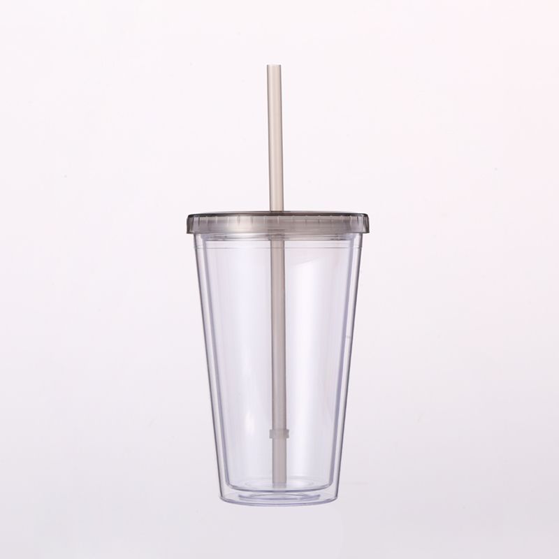16oz Double Wall Plastic Customizable  Camping Travel Coffee Mug with Straw