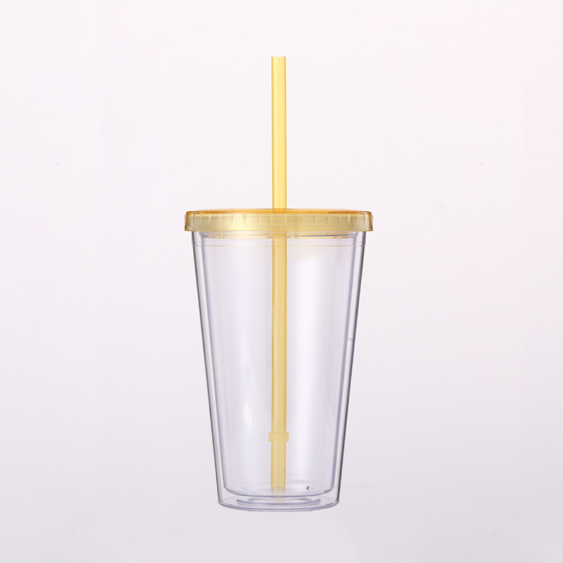 16oz Double Wall Plastic Customizable  Camping Travel Coffee Mug with Straw