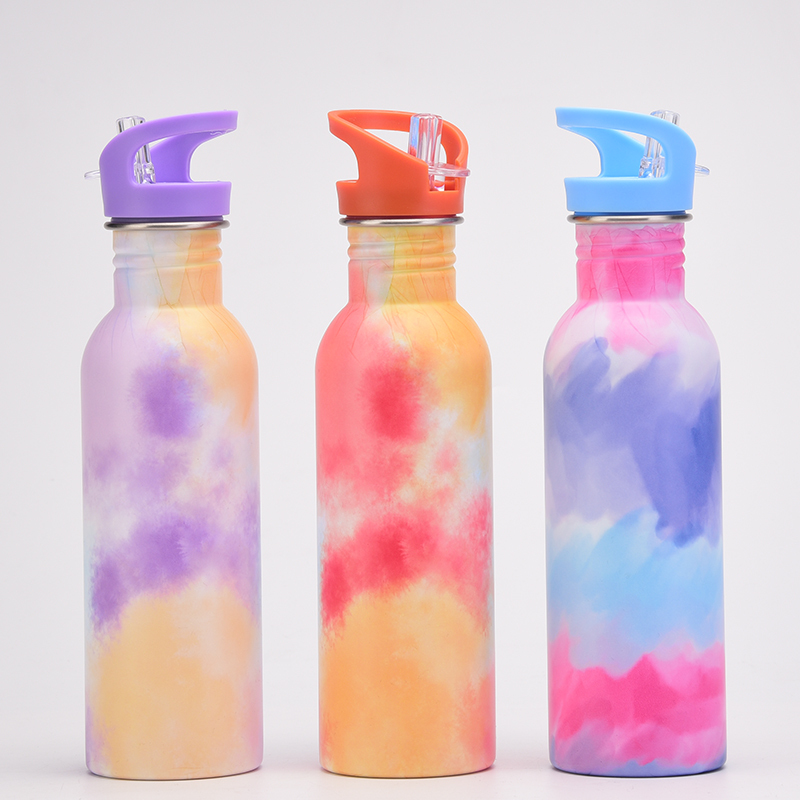 Cross Border Single Wall Stainless Steel Outdoor Sports Drink Cup with Portable Handstraw Tie Dye Design