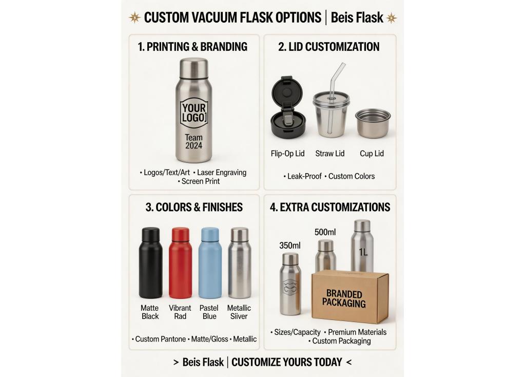 What customization options are available for vacuum flasks (e.g., printing, lids, colors)?