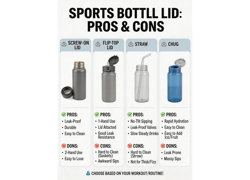 What are the pros and cons of different lid types for sports bottles?