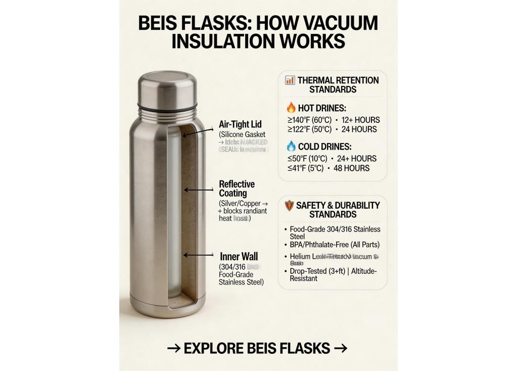 How does the vacuum insulation technology work in your flasks, and what are the performance standards?