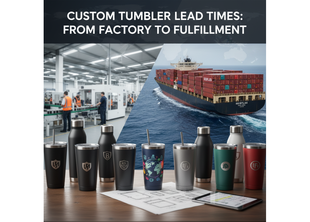 What are the common lead times for producing and shipping a container of custom tumblers?