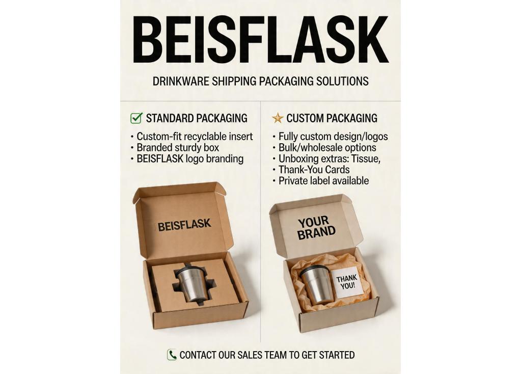 What are the standard packaging options for shipping drinkware, and can custom packaging be provided?