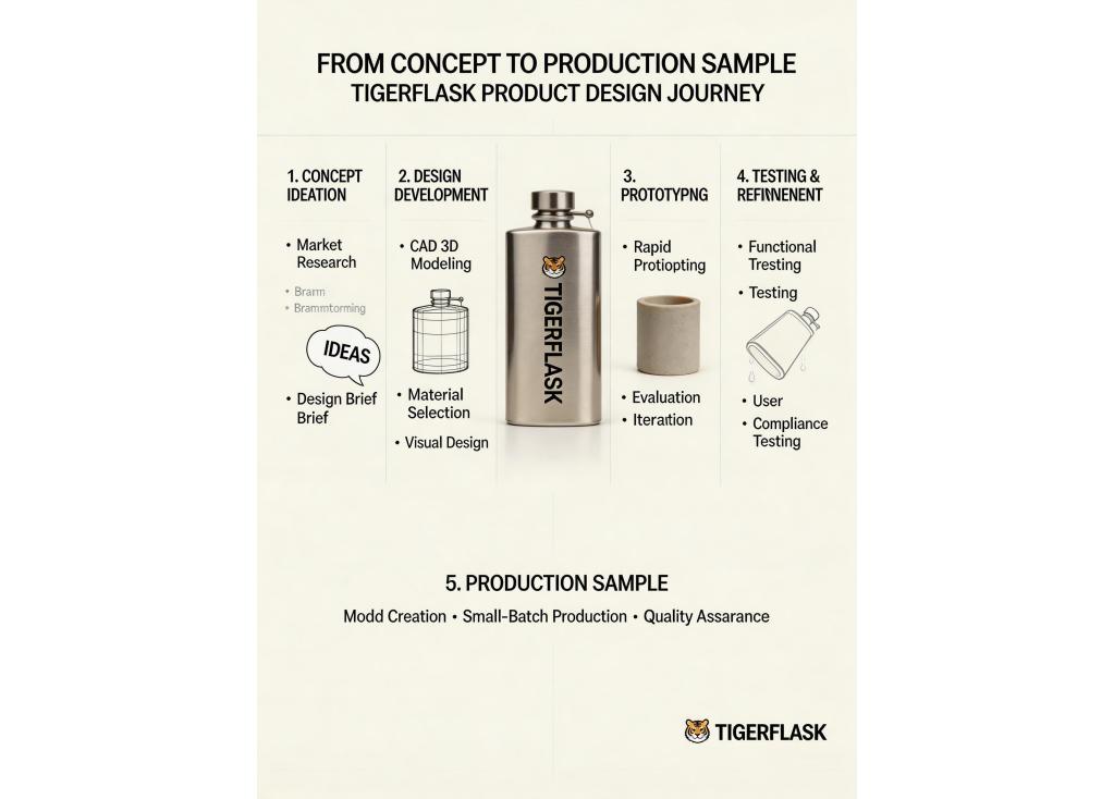 What is the process for developing a new design from concept to production sample?