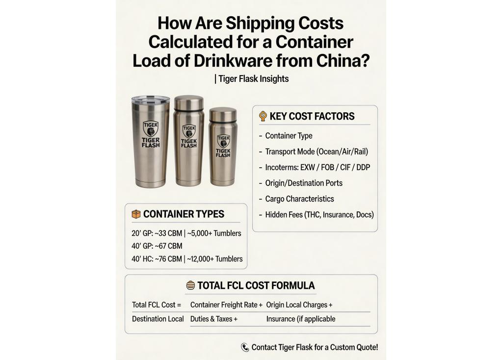 How are shipping costs calculated for a container load of drinkware from China?