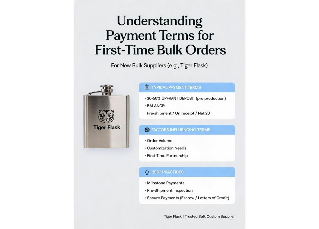 What is the typical payment terms structure for a first-time bulk order with a new supplier?