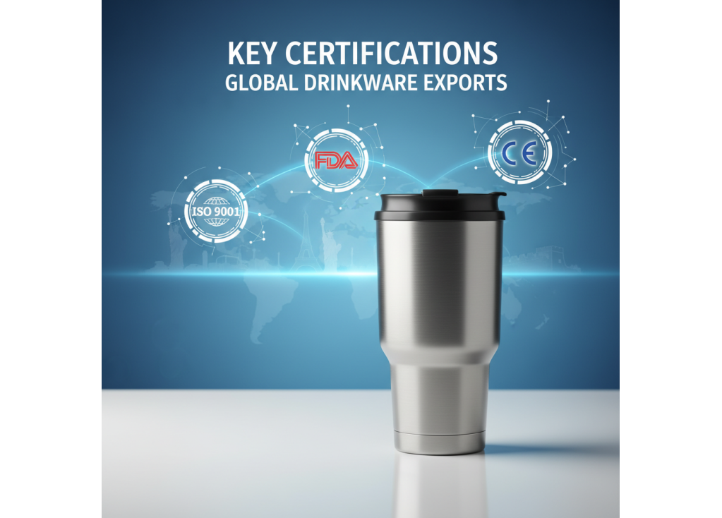 What certifications should a reputable drinkware factory have for international exports?