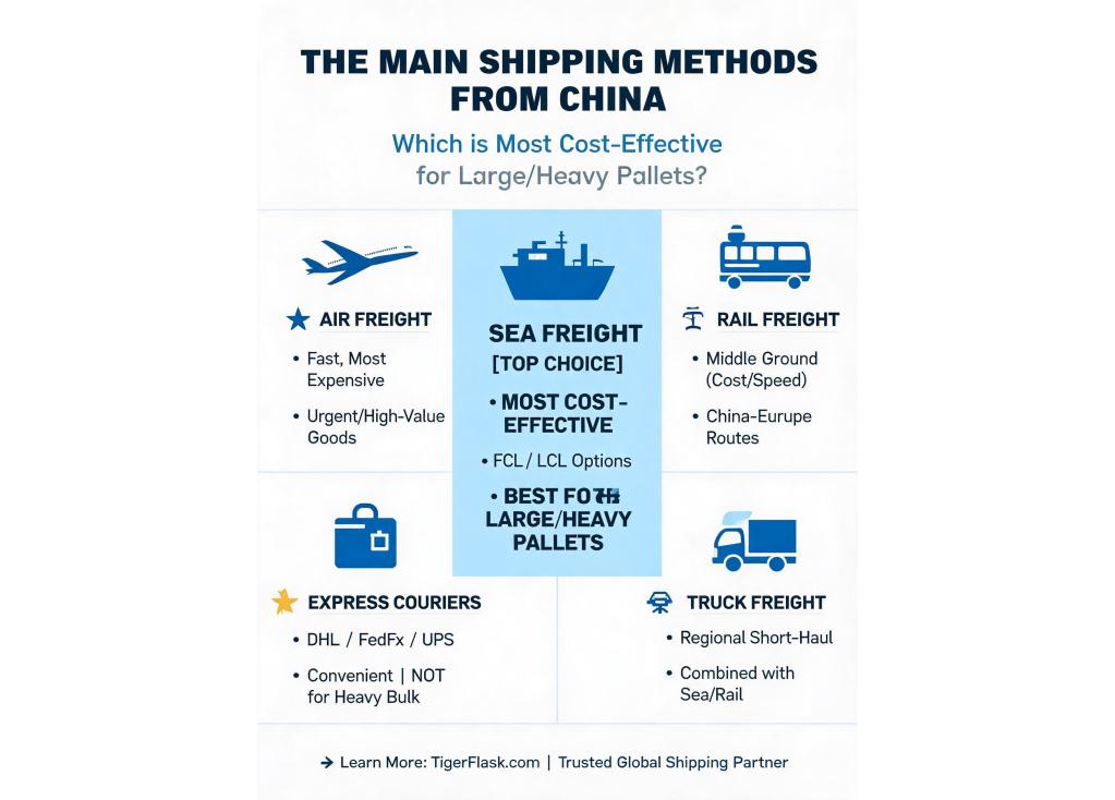 What are the main shipping methods from China, and which is most cost-effective for large, heavy pallets?
