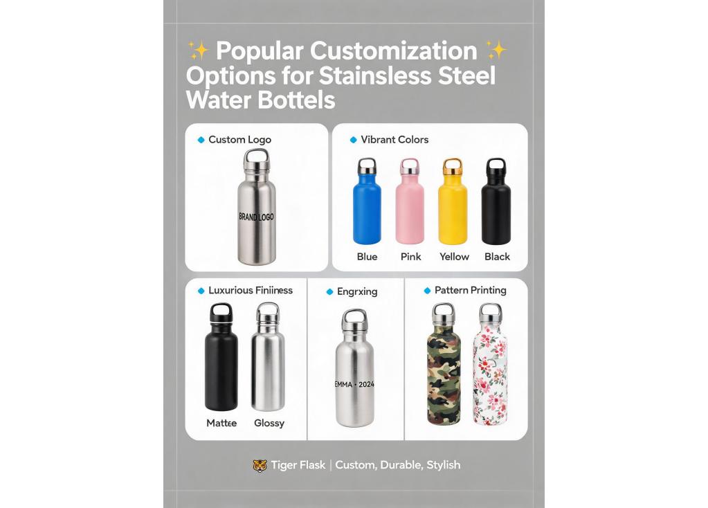 What are the most popular customization options available for stainless steel water bottles (e.g., logos, colors, finishes)?