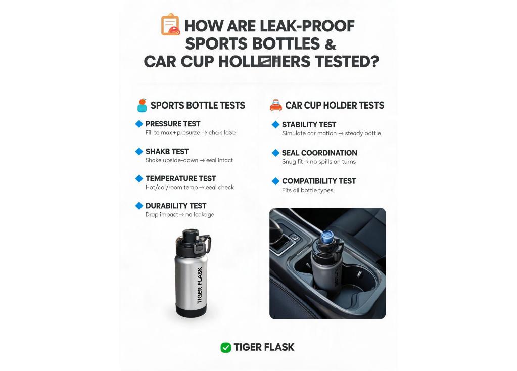 How is leak-proof performance tested for sports bottles and car cup holders?