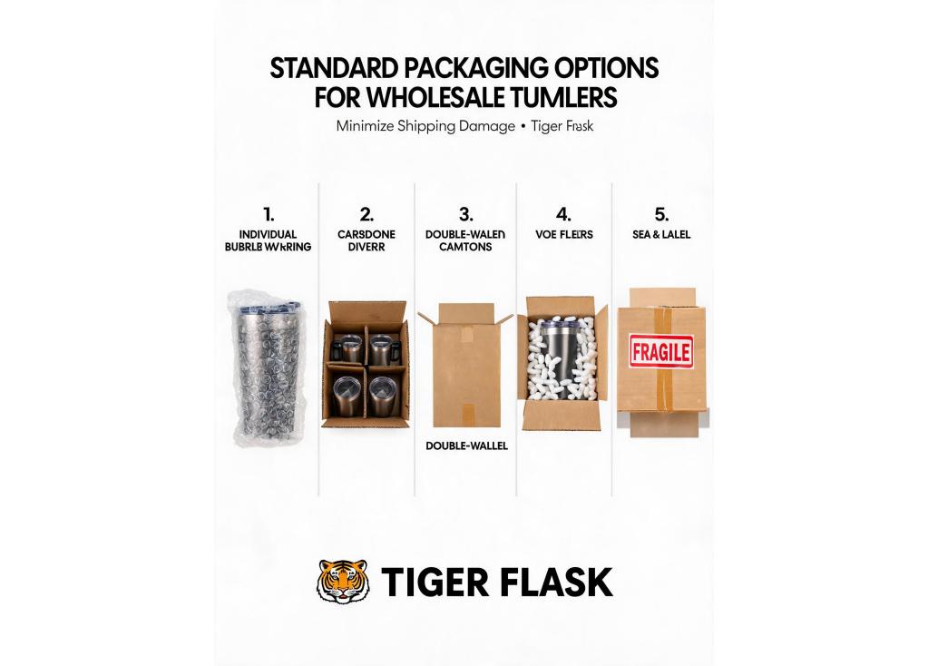 What are the standard packaging options for wholesale tumblers to minimize damage during shipping?