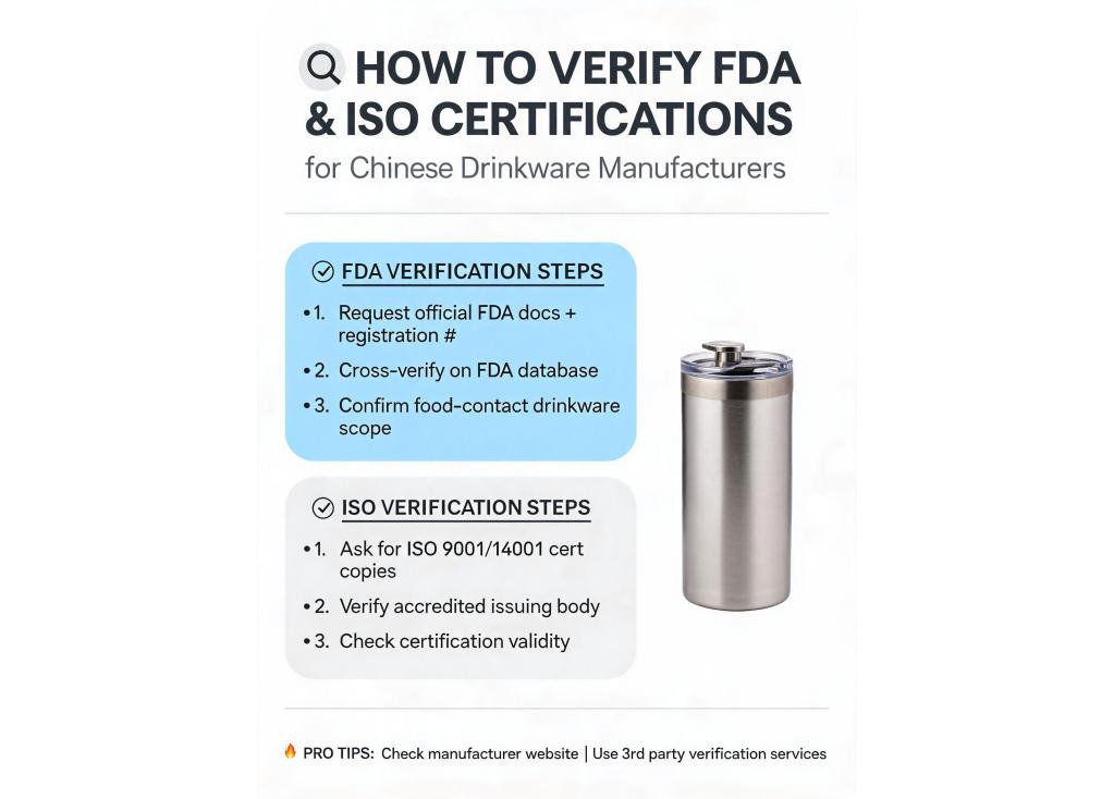 How do I verify if a Chinese manufacturer has genuine FDA and ISO certifications for drinkware?