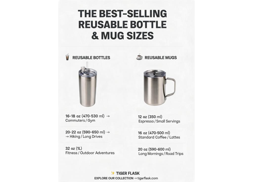 What are the best-selling sizes and capacities for reusable bottles and mugs?