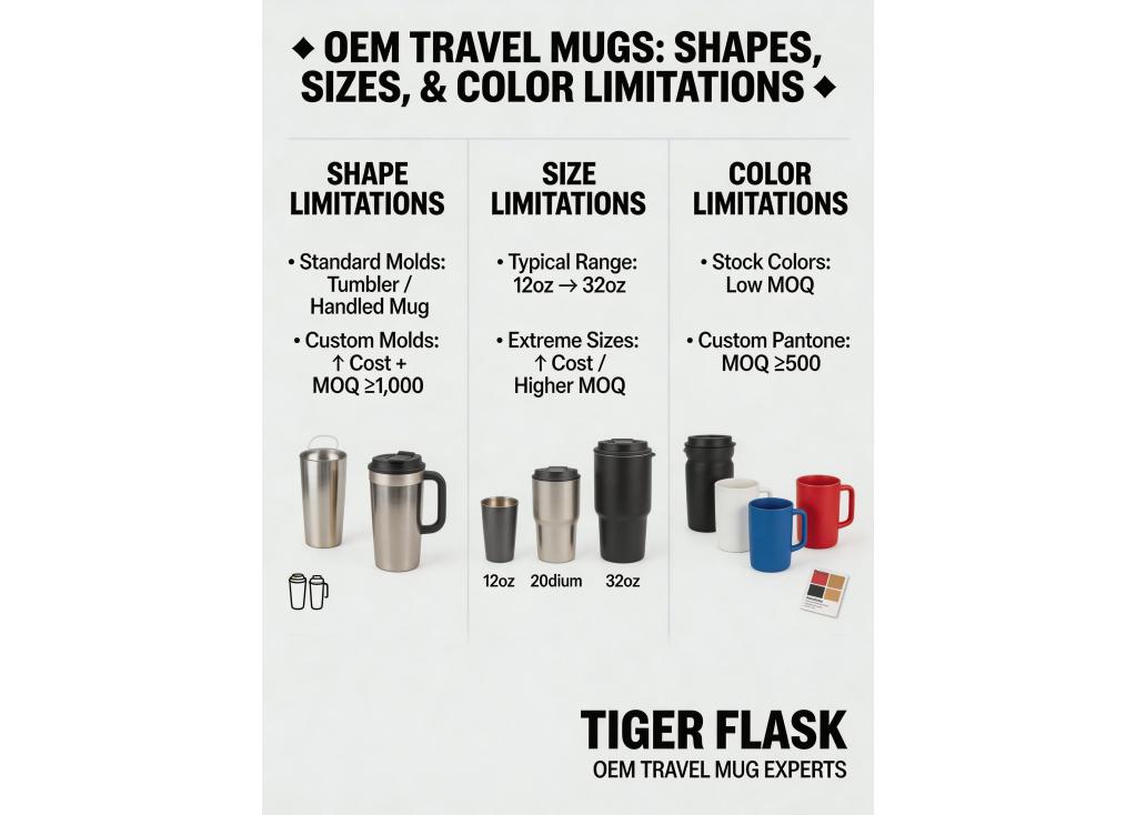Are there any limitations on the shapes, sizes, or colors for OEM travel mugs?