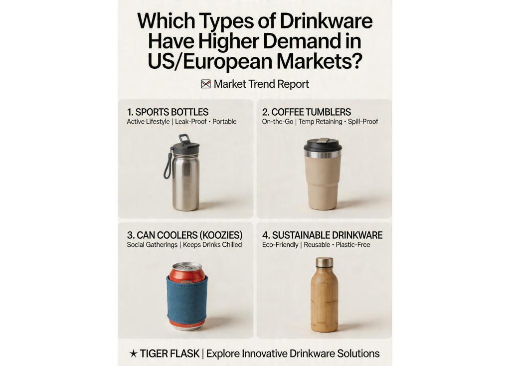 Which types of drinkware (e.g., sports bottles, coffee tumblers, can coolers) have higher demand in the US/European market?