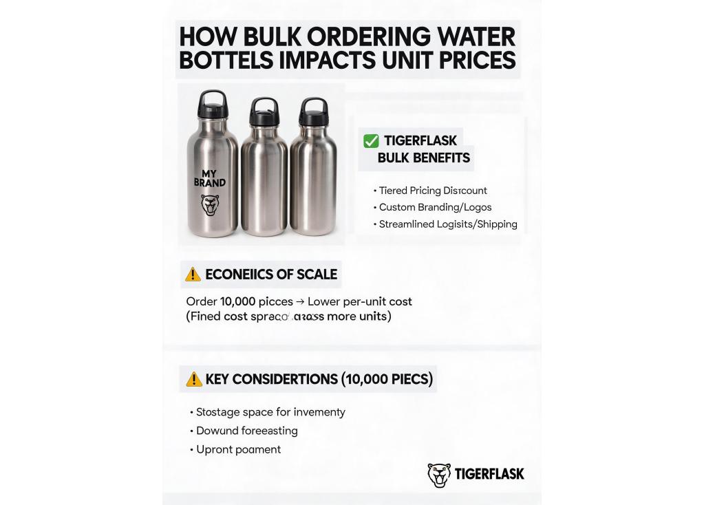 How does the unit price change when ordering water bottles in bulk quantities (e.g., 10,000 pieces)?