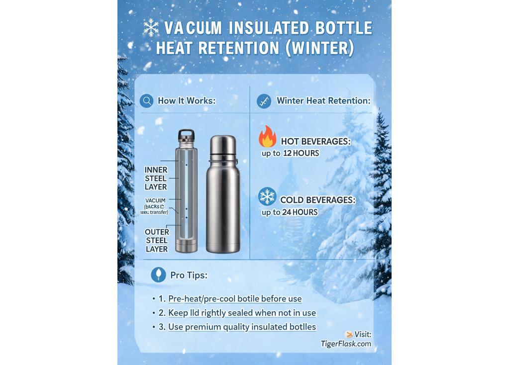 What is the typical heat retention time for a vacuum insulated bottle under outdoor winter conditions?