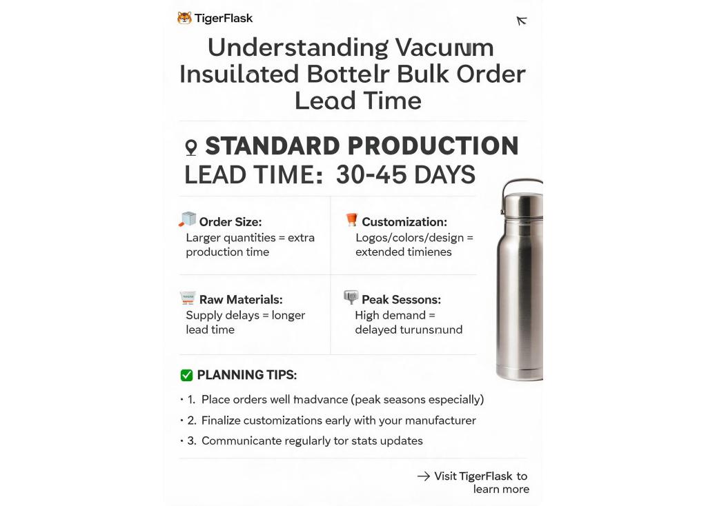 What is the standard production lead time for a bulk order of vacuum insulated bottles?