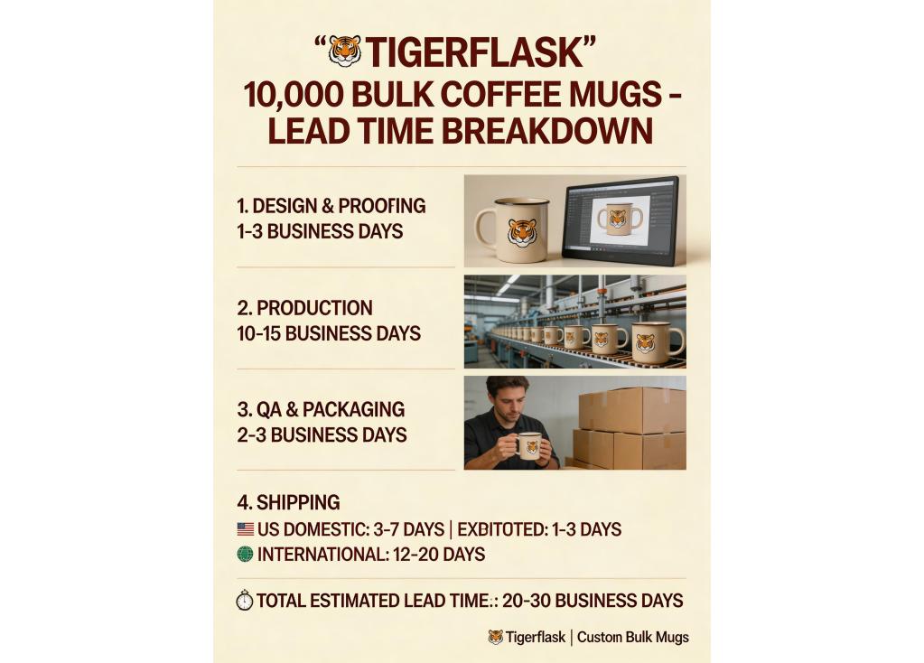 What is the lead time for a standard bulk order of 10,000 pieces of coffee mugs?