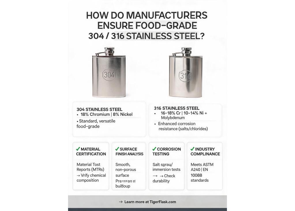 How do manufacturers ensure the stainless steel used is food-grade 304 or 316?