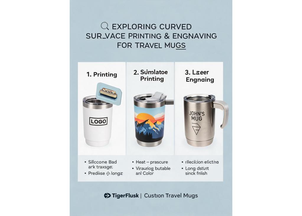 What are the capabilities for printing or engraving on curved surfaces like travel mugs?
