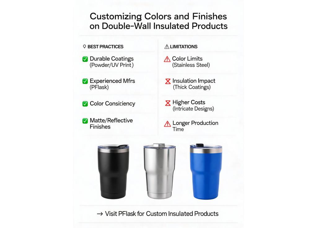 What are the limitations or best practices for customizing colors and finishes on double-wall insulated products?