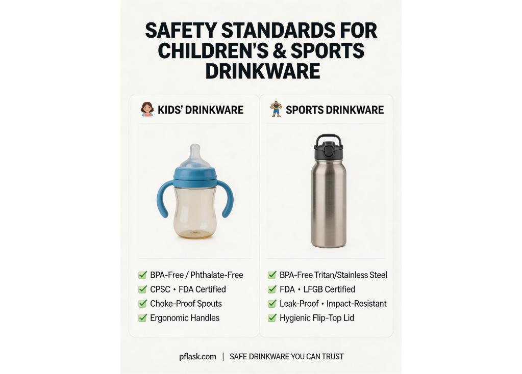 Are there specific safety standards for drinkware intended for children or sports use?