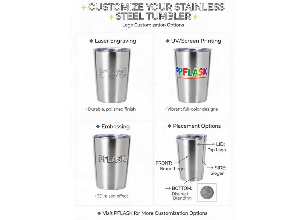 What are the available options for customizing logos on stainless steel tumblers (printing methods, locations, colors)?