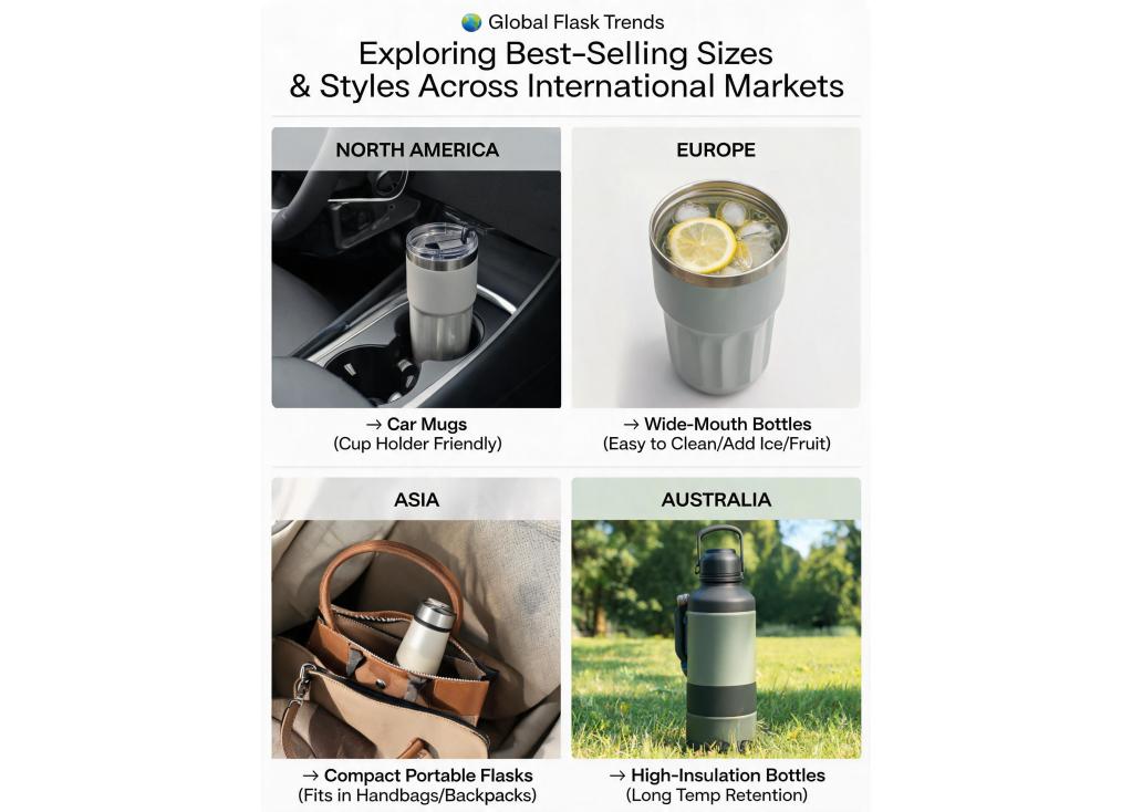 What are the best-selling sizes and styles (like car mugs or wide-mouth bottles) in different international markets?