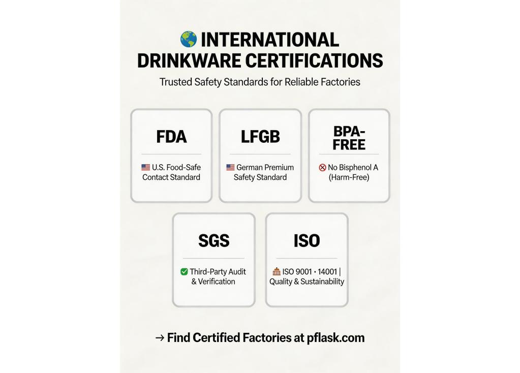 What international certifications (like FDA, LFGB, BPA-Free) should a reliable drinkware factory have?
