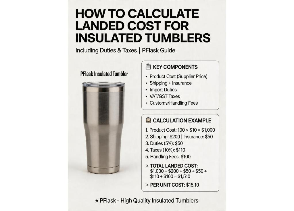 How do you calculate the landed cost for insulated tumblers, including duties and taxes?