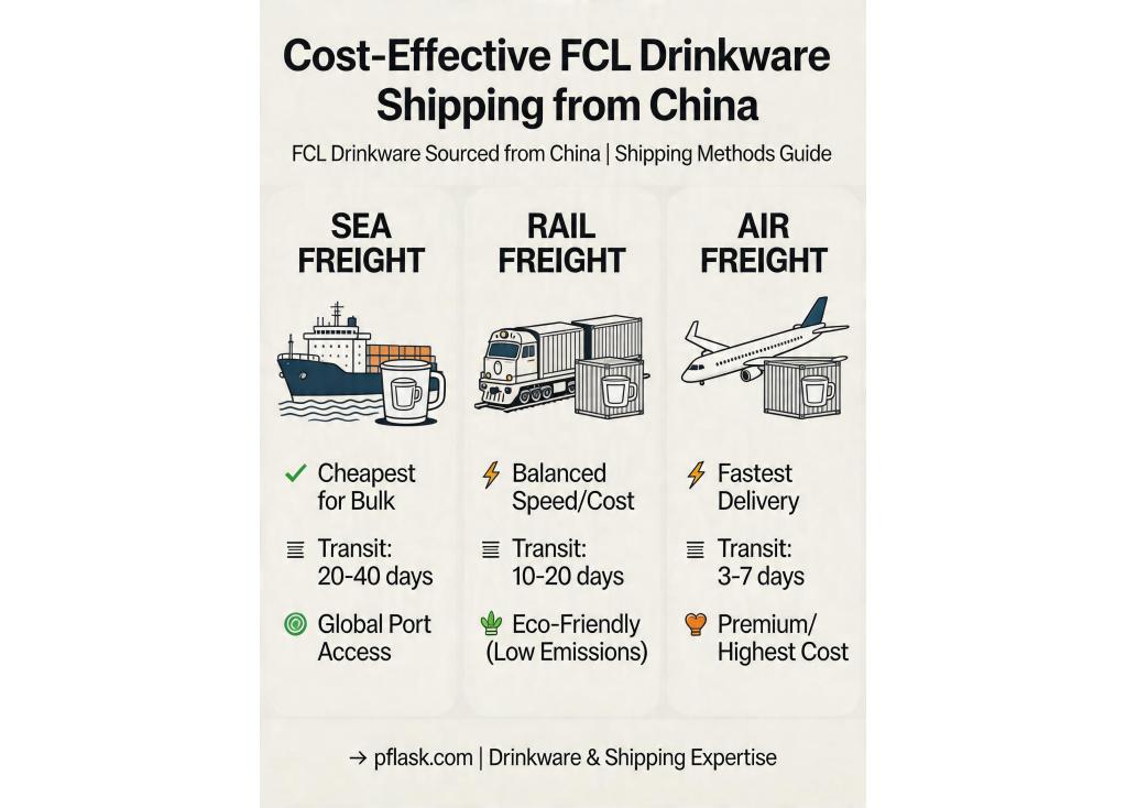 What are the most cost-effective shipping methods for a full container load (FCL) of drinkware from China?