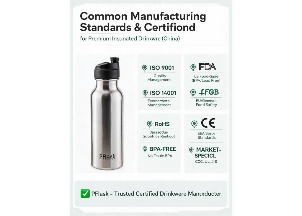 What are the common manufacturing standards and certifications for premium insulated drinkware in China?