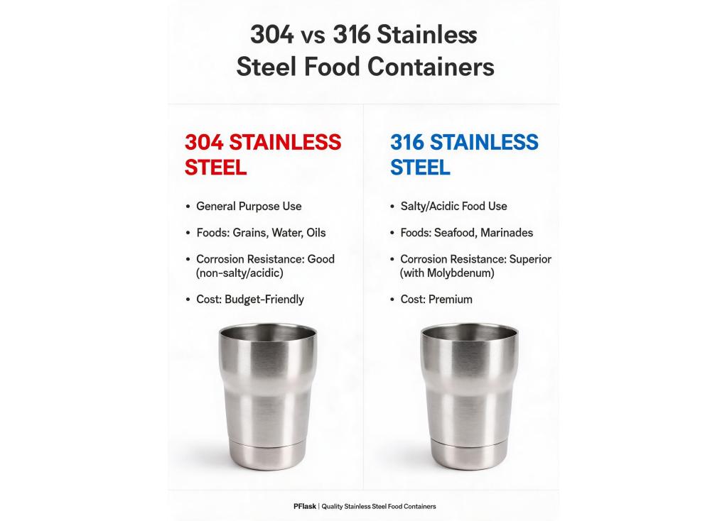 What are the specific differences in using 304 vs 316 stainless steel for food containers?