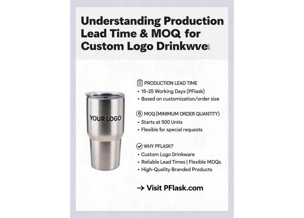 What is the typical production lead time and MOQ for custom logo drinkware from a factory?