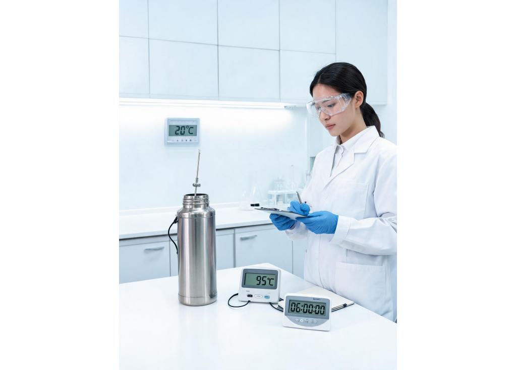 How do you test the insulation retention time for vacuum flasks in your lab?